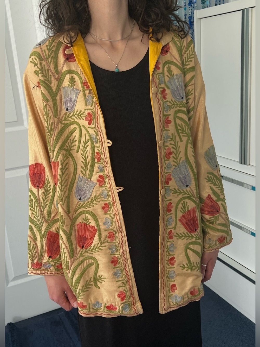 Soft Yellow Embroidered Long Tunic • Raw Silk Look & Feel • Red Blue Poppies - Picture 4 of 12
